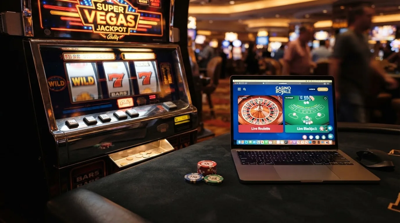 Výherní automat s nízkou minimální sázkou, vedle něj ruleta a blackjack v online rozhraní
