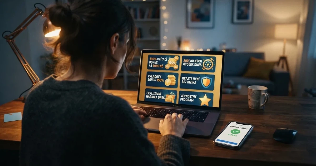 Hráč prohlíží nabídku registračních bonusů na obrazovce notebooku, vedle leží česká občanka a mobil s otevřenou aplikací Bank iD