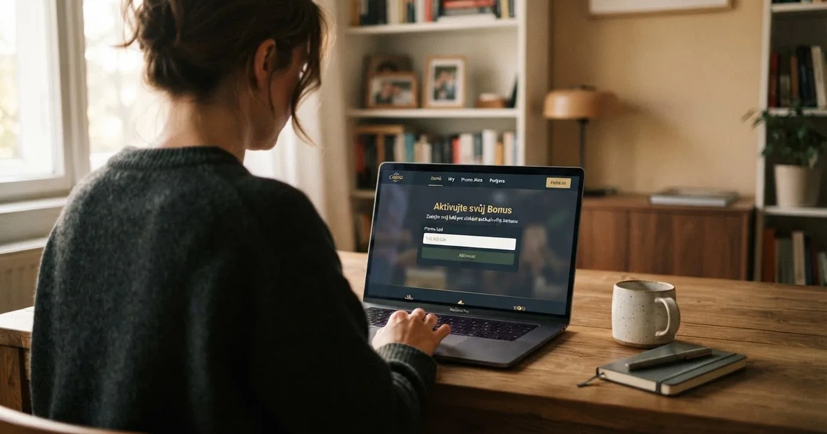 Hráč u počítače prohlíží sekci Bonusy v online casinu, na obrazovce je pole pro zadání promo kódu