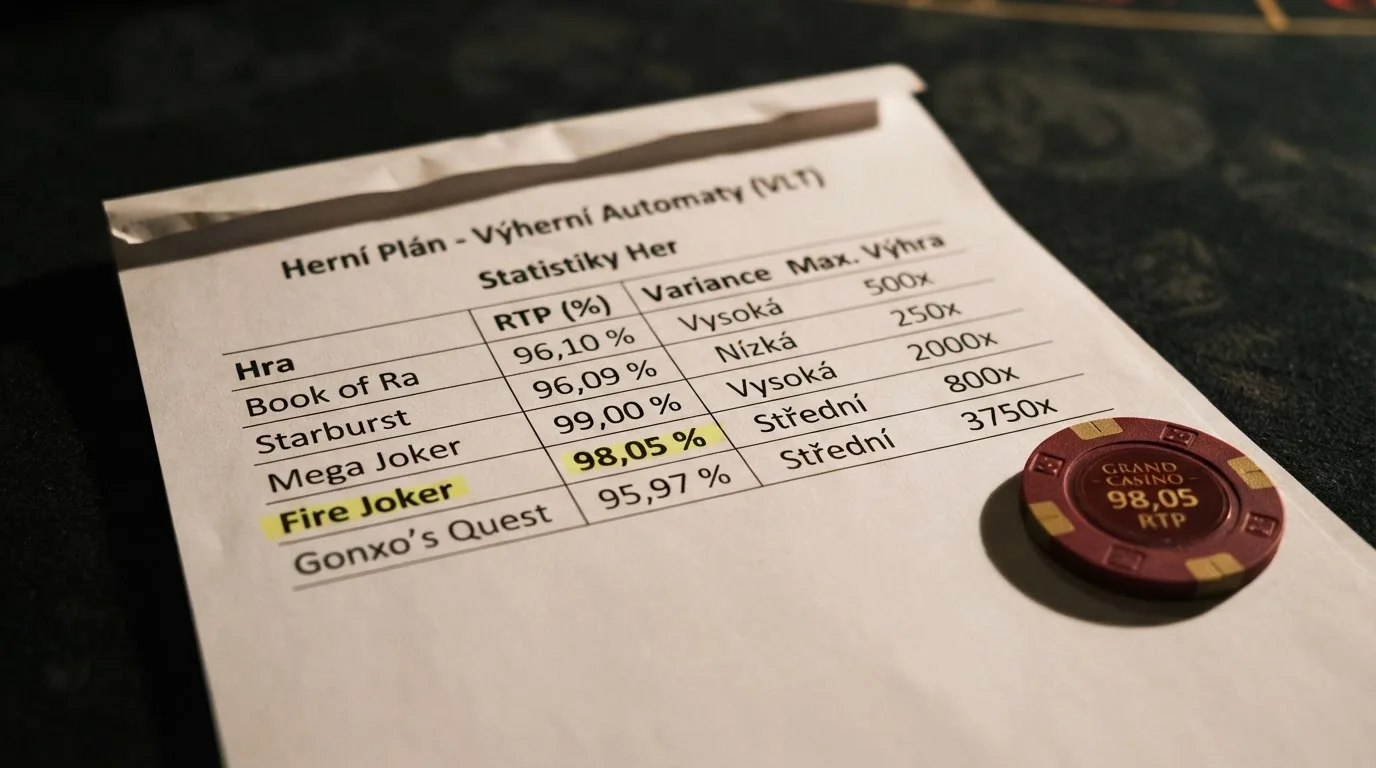 Výřez z herního plánu automatu s vyznačenou hodnotou RTP 98,05 %