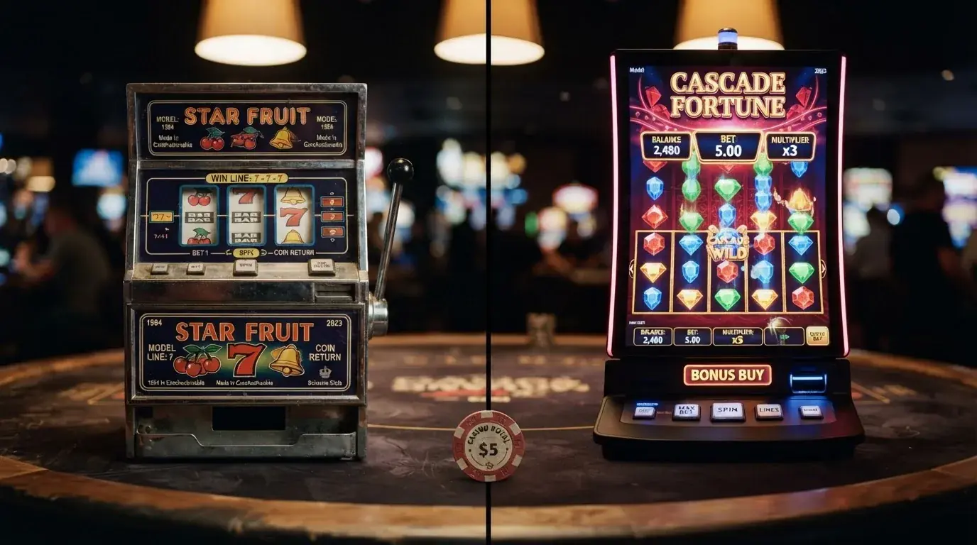 Rozdělená vizuální kompozice — vlevo klasický ovocný automat s jednoduchým ovládáním v duchu českých studií, vpravo moderní slot s kaskádovými symboly a bonus buy panelem