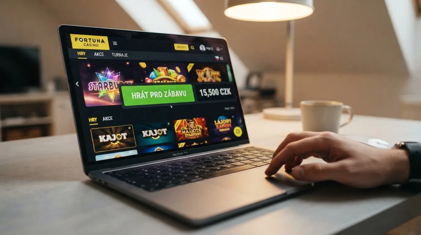 Detail tlačítka „Hrát pro zábavu“ u automatu v českém online casinu, vedle něj ukazatel virtuálního kreditu