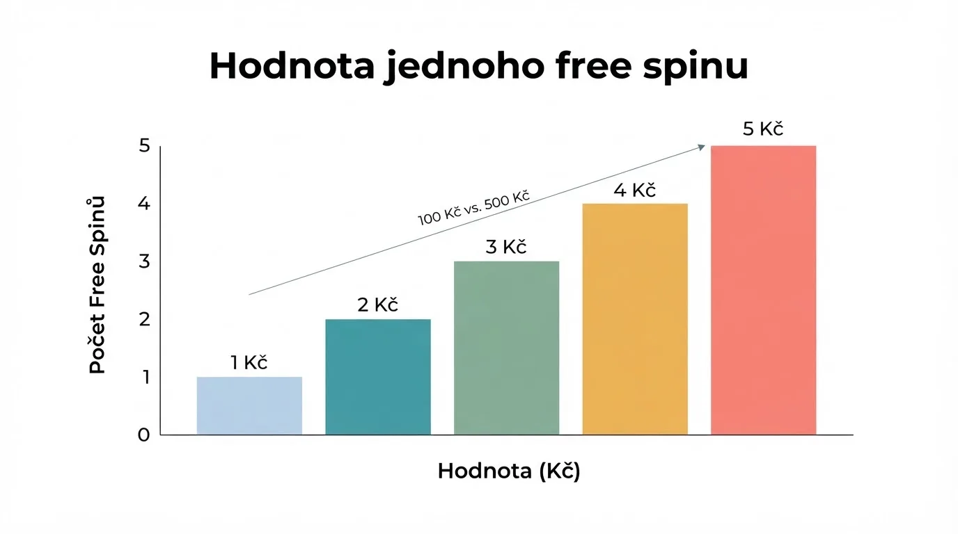 Infografika s hodnotou jednoho free spinu u deseti recenzovaných operátorů — rozpětí od 1 Kč po 5 Kč za otočku