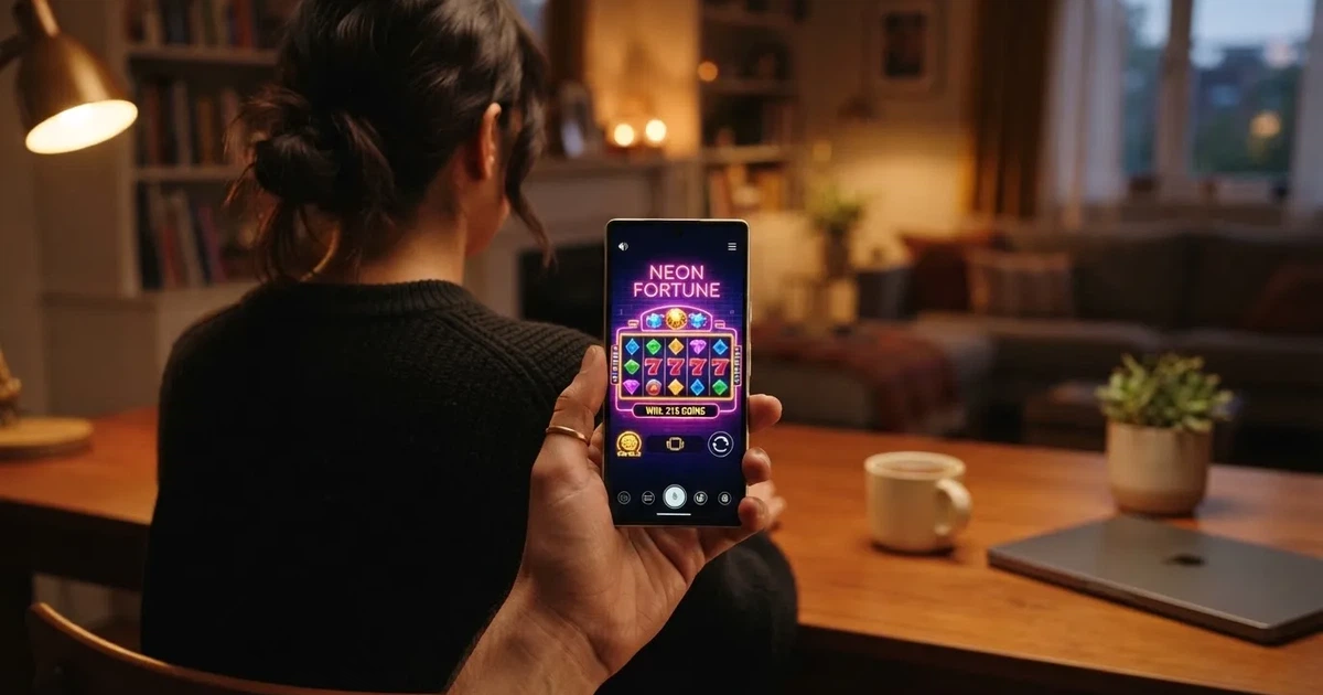 Hráč držící mobilní telefon s roztočeným automatem na obrazovce, v pozadí ikony aplikací na domovské ploše