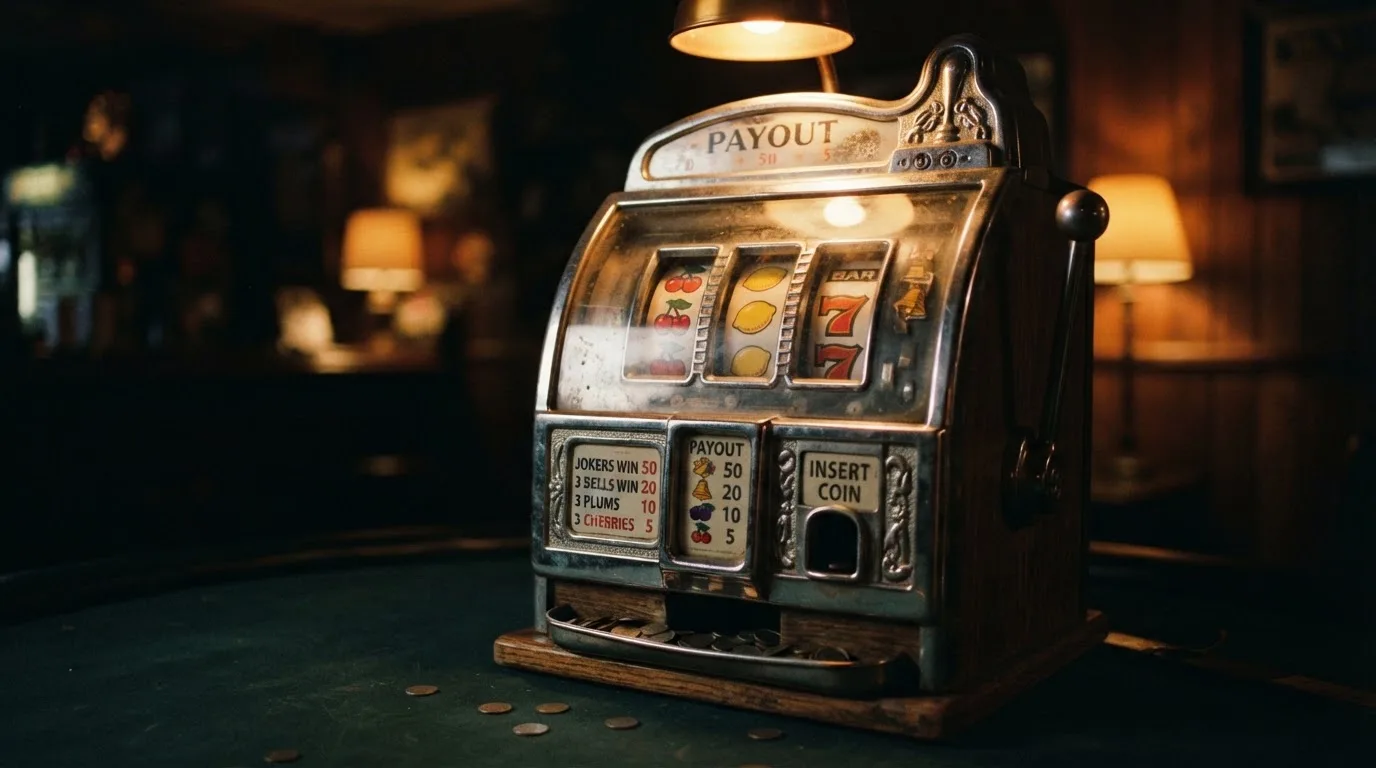 Klasický tříválcový automat s ovocnými symboly — třešně, citrony a sedmičky — ve vintage provedení