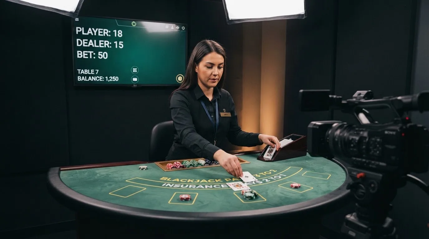 Krupiér u blackjackového stolu v profesionálním studiu s kamerami, monitorem a osvětlením při rozdávání karet