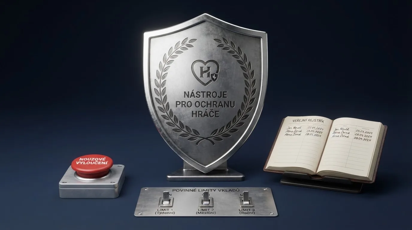 Ilustrace ochranných prvků české licence — rejstřík vyloučených osob, panic button, limity