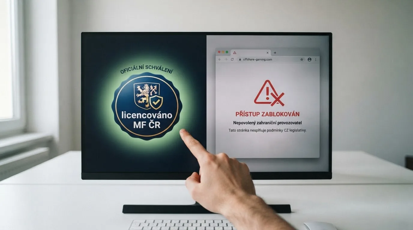 Rozdělená obrazovka — vlevo logo MF ČR a česká licence s fajfkou, vpravo varovný symbol a přeškrtnuté offshore casino bez licence