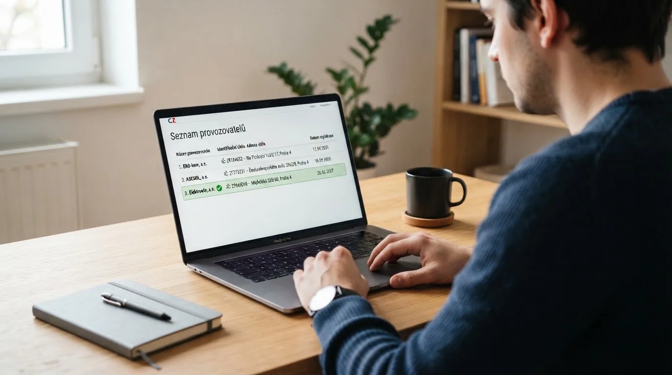 Úřední výpis z registru Ministerstva financí ČR zobrazený na monitoru — uživatel si ověřuje licenci online kasina před registrací