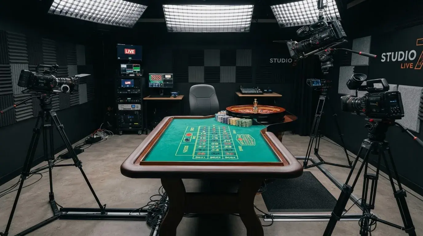 Interiér živého studia s ruletovým stolem, kamerami a studiovým osvětlením, ze kterého se vysílají live hry pro český trh