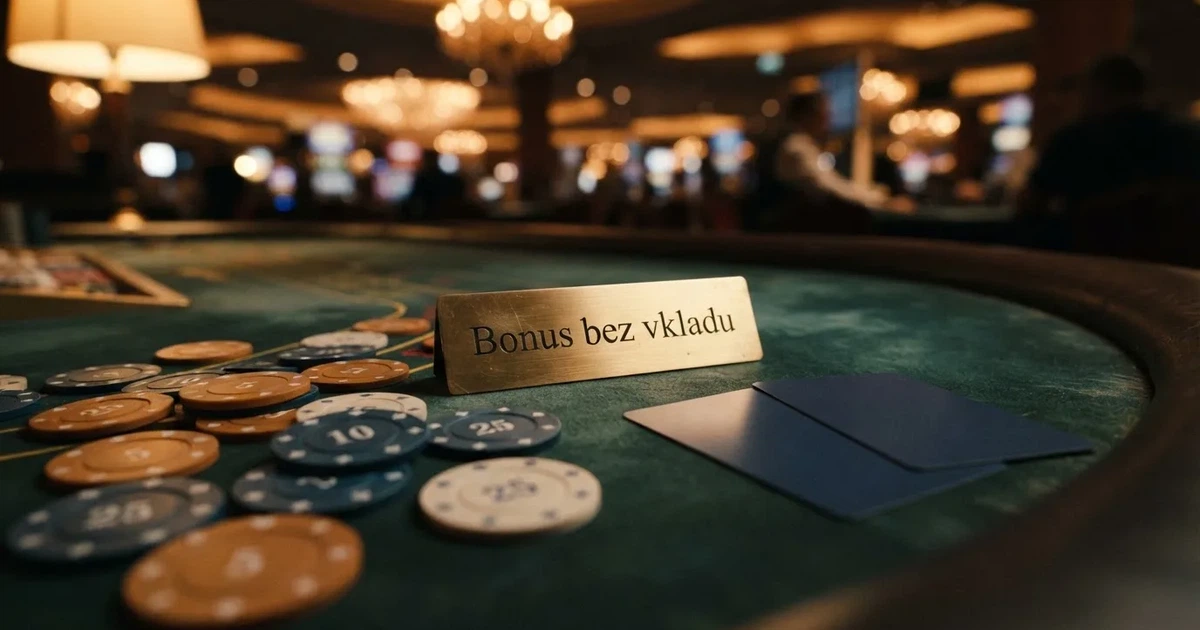 Rozložení karet a žetonů na zeleném plátně online casina s nápisem „Bonus bez vkladu“