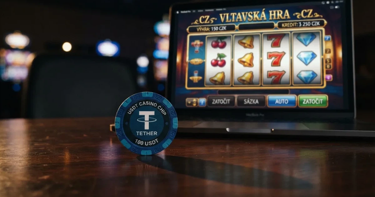 Logo USDT na zlaté minci před obrazovkou s online kasinem