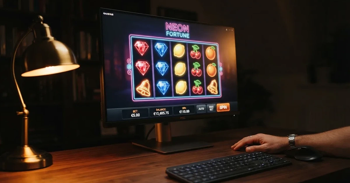 Rozhraní online výherního automatu s vysokým RTP na monitoru — zobrazené válce, symboly, ovládací lišta a pole aktuálního kreditu