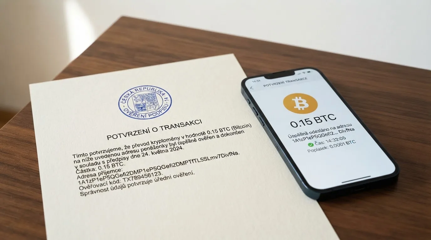 Dokument s razítkem Ministerstva financí ČR vedle displeje s bitcoinovou transakcí