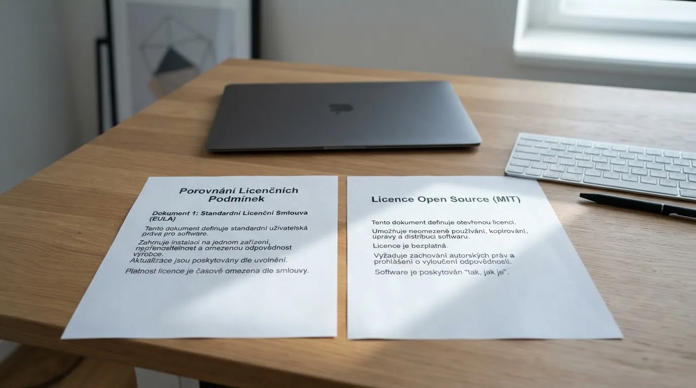 Srovnání dvou licenčních certifikátů — Curaçao a Anjouan — na stole s českou klávesnicí v pozadí