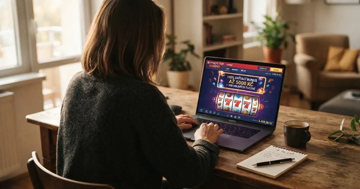 Hráč u notebooku si prohlíží nabídku uvítacích bonusů na obrazovce online casina