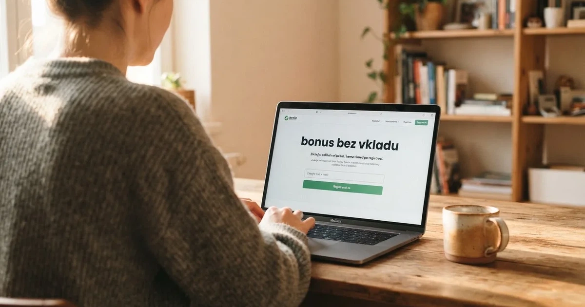 Hráč u notebooku si prohlíží nabídku bonusu bez vkladu na českém casino webu, na obrazovce je vidět registrační formulář a nápis „bonus bez vkladu“