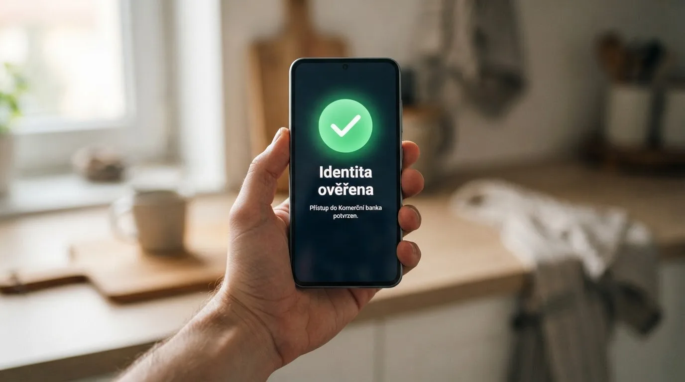 Mobilní telefon s rozhraním internetového bankovnictví, na obrazovce potvrzení identity