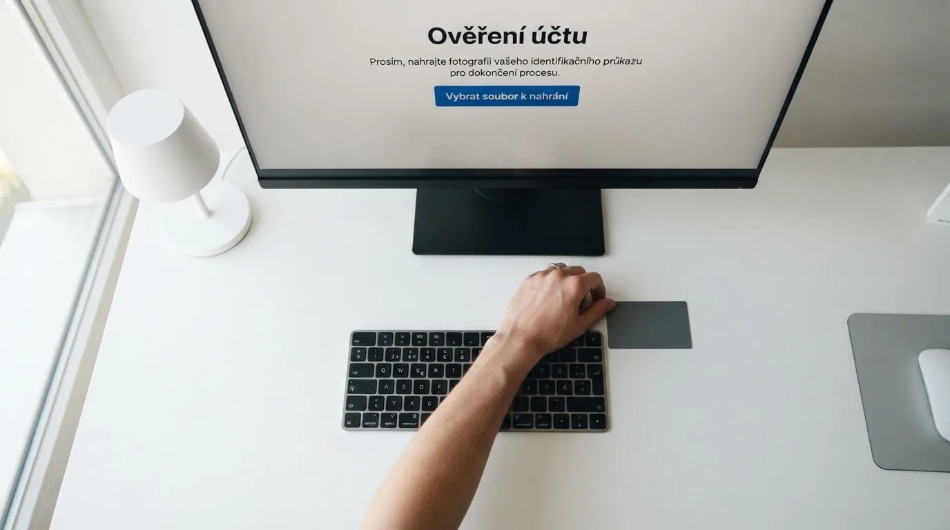 Detail ruky pokládající občanský průkaz vedle klávesnice, na monitoru formulář pro ověření totožnosti s logem MF ČR a nápisem „Ověření účtu“.