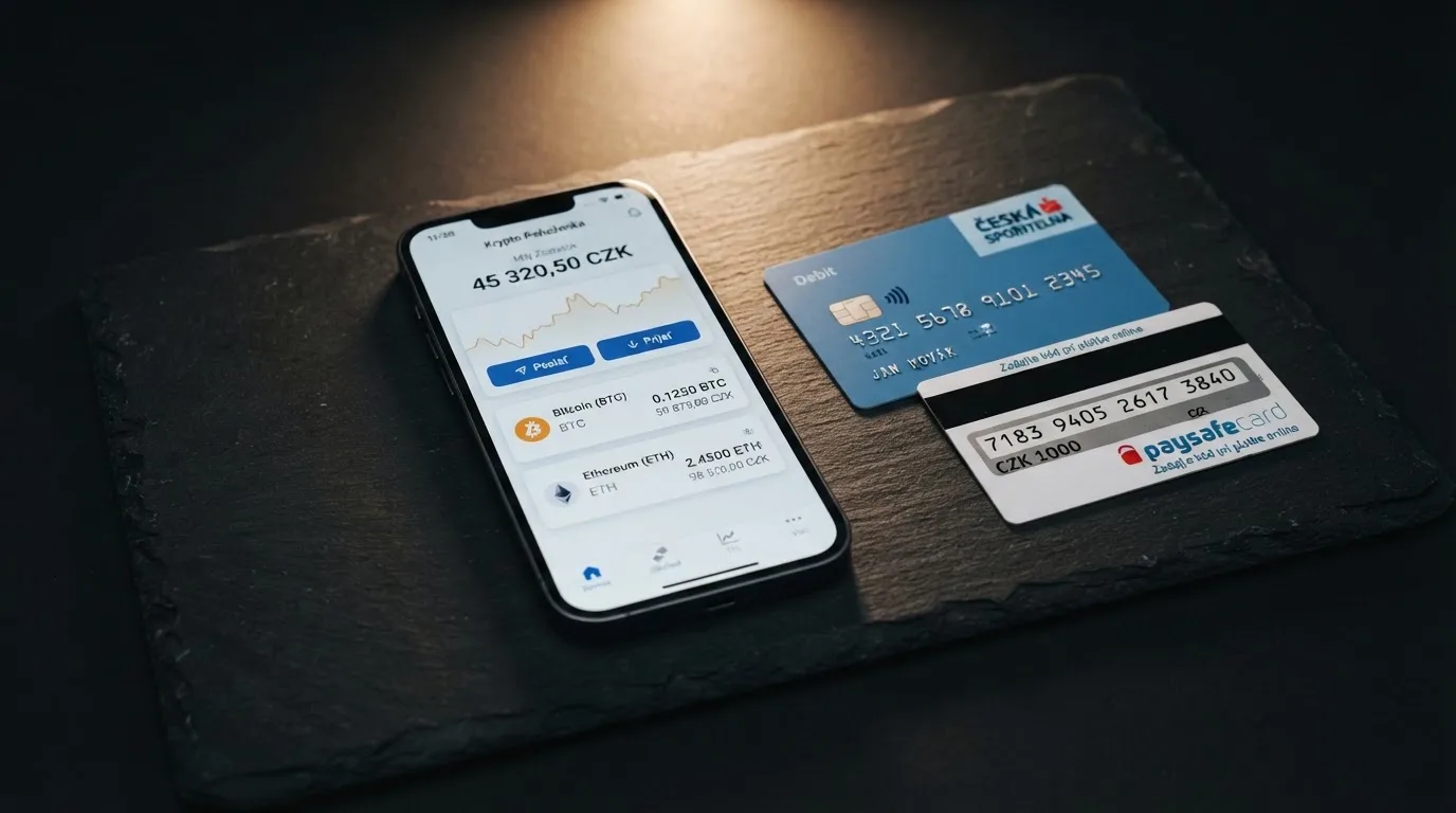 Mobil s otevřenou kryptoměnovou peněženkou zobrazující Bitcoin a Ethereum, vedle něj platební karta a paysafecard voucher