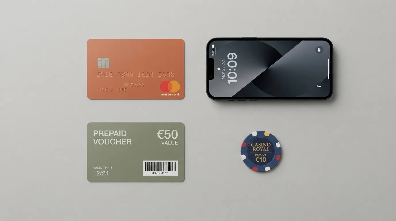 Přehled platebních metod pro online casino — platební karta, bankovní převod, Paysafecard, Apple Pay a mobilní telefon na světlém pozadí