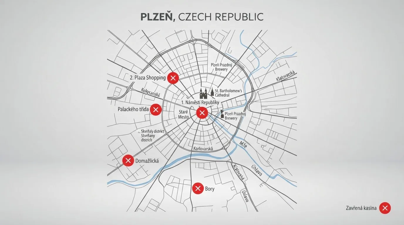 Mapa Plzně s vyznačenými lokalitami bývalých kasin — centrum, Plaza, Skvrňany, Bory