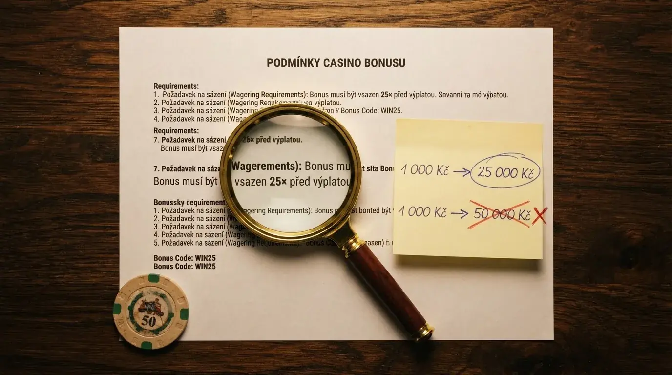 Detail podmínek bonusu — lupa nad textem „wagering 25ד, vedle zvýrazněné částky bonusu a přeškrtnutá částka po započtení protočení