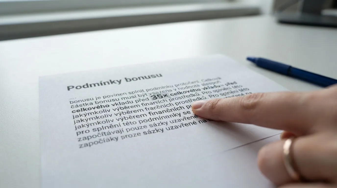 Detailní záběr na podmínky protočení a časové limity u bonusové nabídky