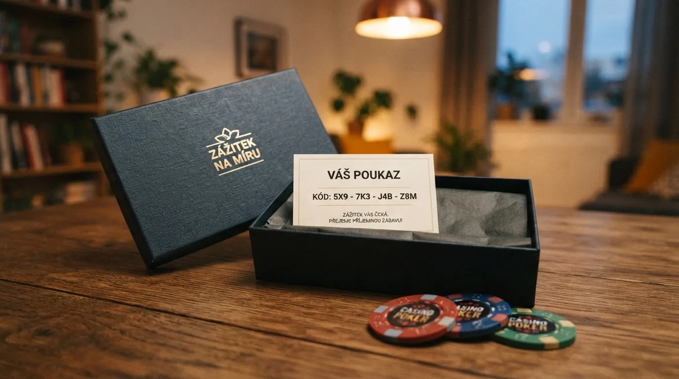 Rozbalený dárek s kartičkou promo kódu a žetony na stole — symbolika bonusové odměny