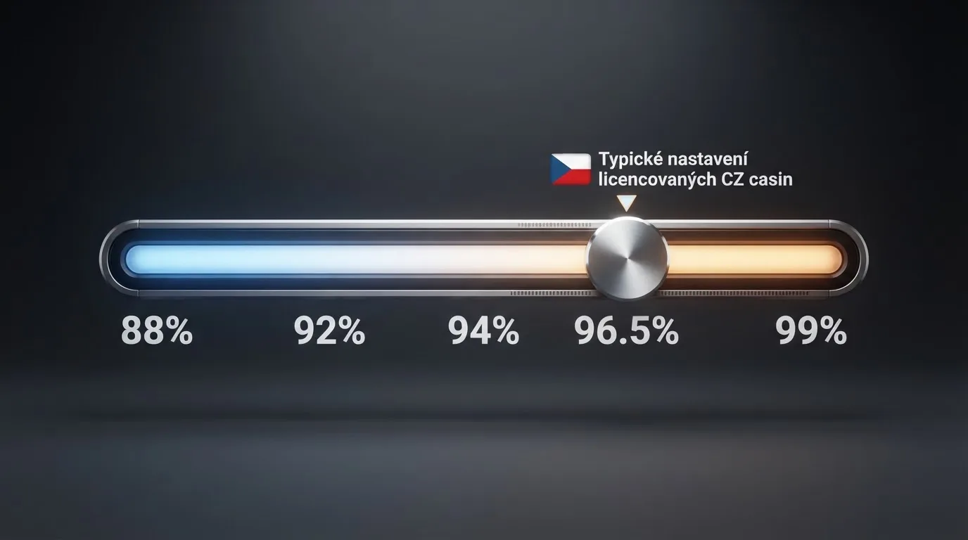 Infografika srovnávající verze RTP u jedné hry — posuvník od 88 % do 99 % s vyznačením, kterou verzi typicky nasazují česká licencovaná kasina