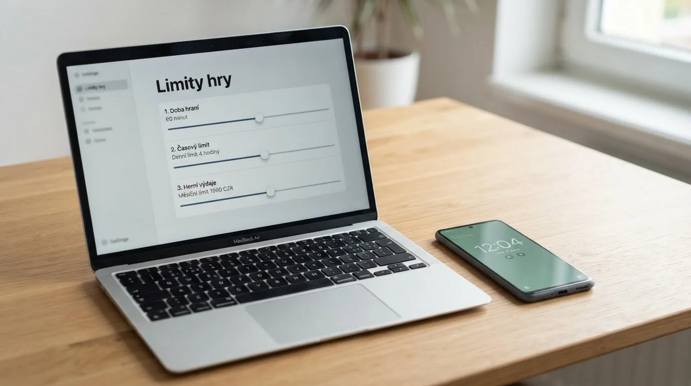 Obrazovka s nastavením herních limitů v českém online casinu — posuvníky pro denní limit vkladů, časový limit a limit ztrát, vedle telefon s číslem linky pomoci 1204.