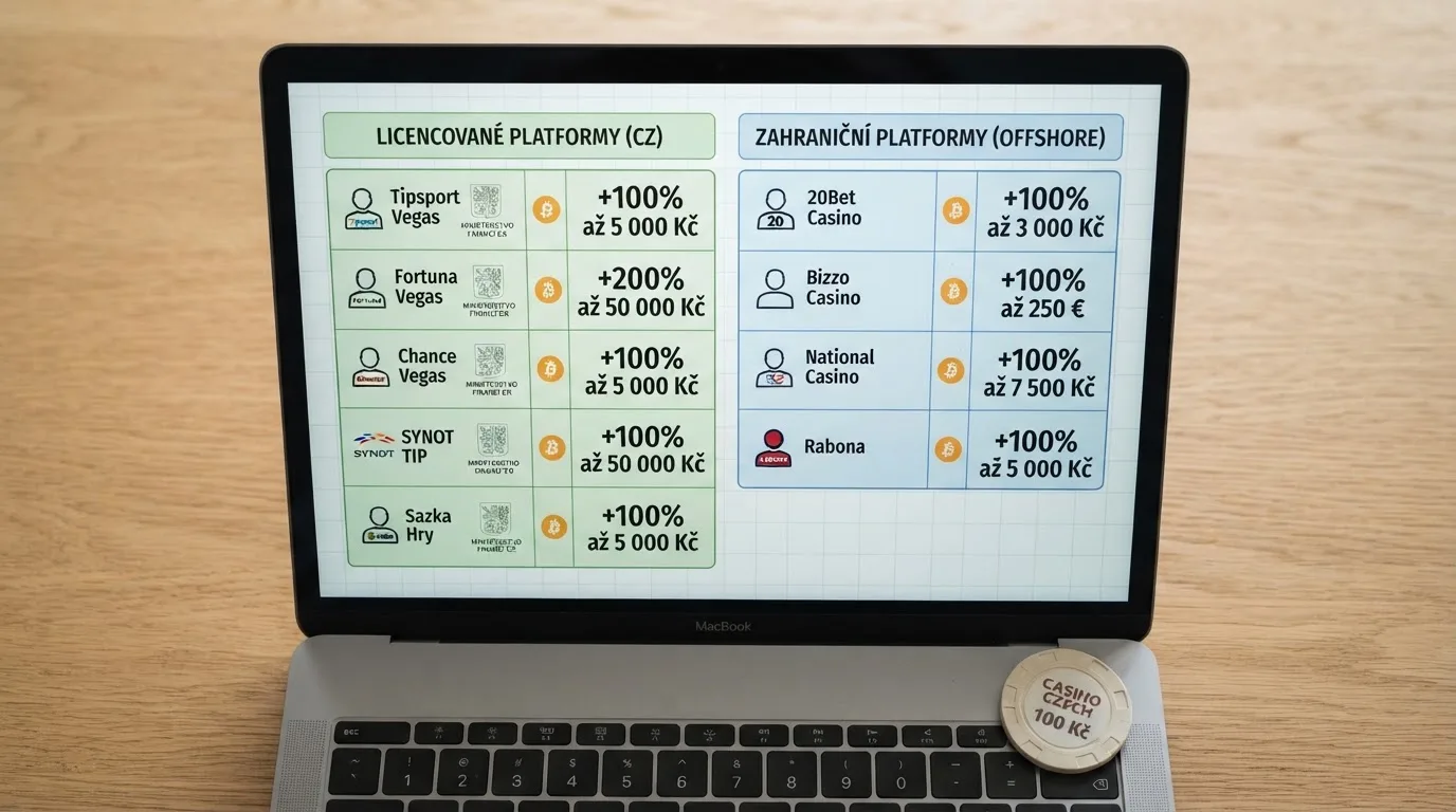 Tabulka na obrazovce srovnávající operátory podle licence, podpory BTC a bonusových podmínek
