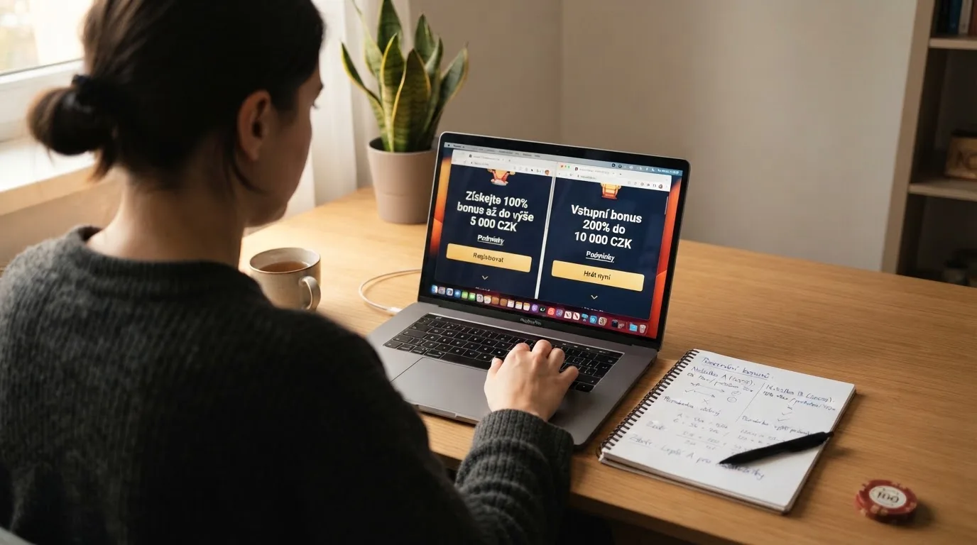 Infografika porovnávající uvítací bonusy pěti českých online kasin — sloupce ukazují výši bonusu, protočení a dobu platnosti vedle sebe