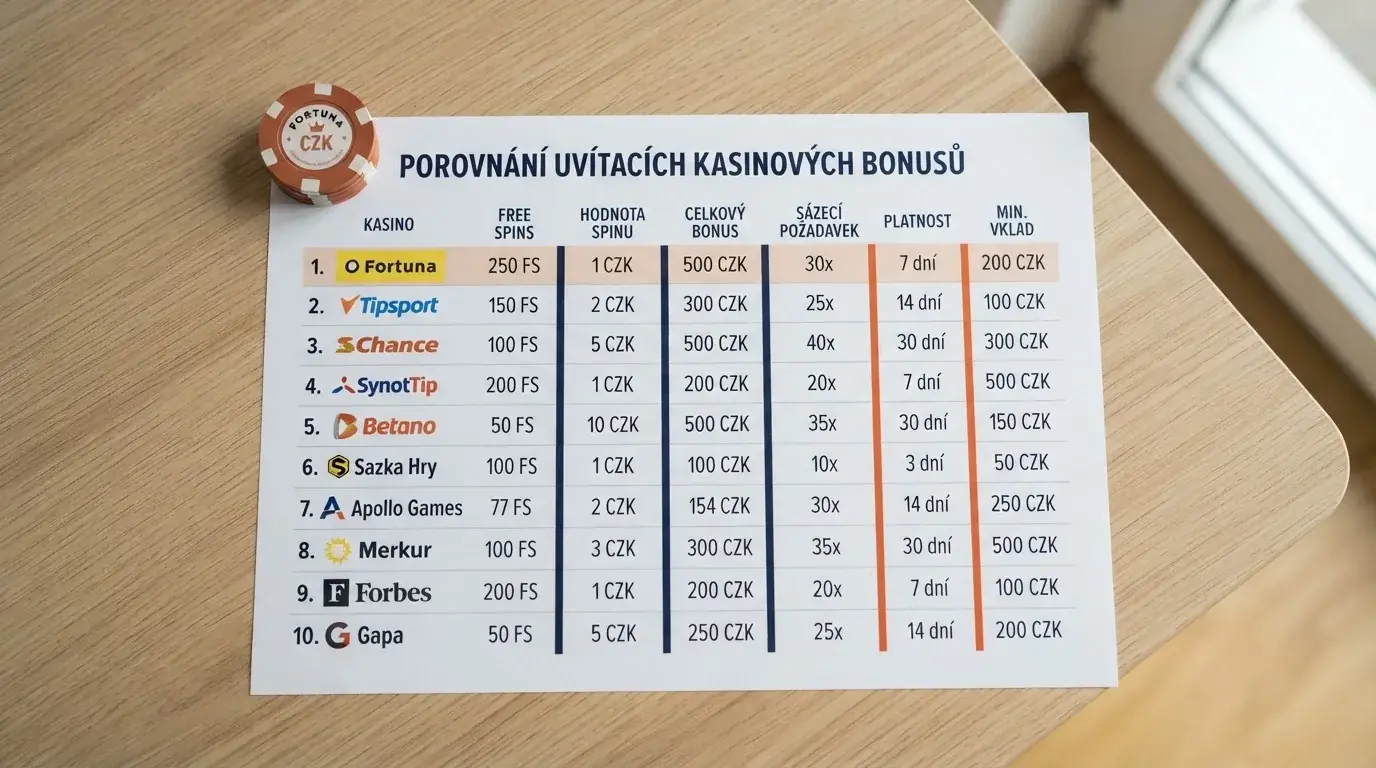 Srovnání deseti českých online casin — tabulka s klíčovými parametry free-spinových uvítacích nabídek