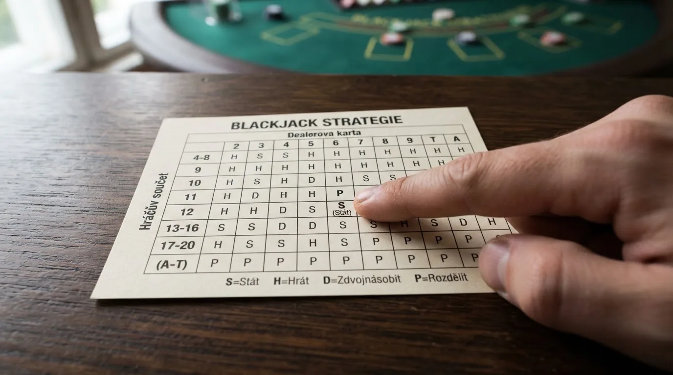 Strategická tabulka blackjacku zobrazující optimální rozhodnutí (hit, stand, double, split) pro každou kombinaci karet hráče a krupiéra