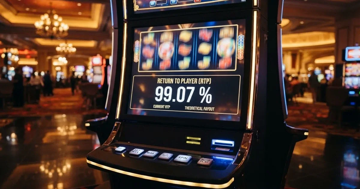 Herní automat s roztočenými válci, na displeji zvýrazněná hodnota RTP 99,07 %