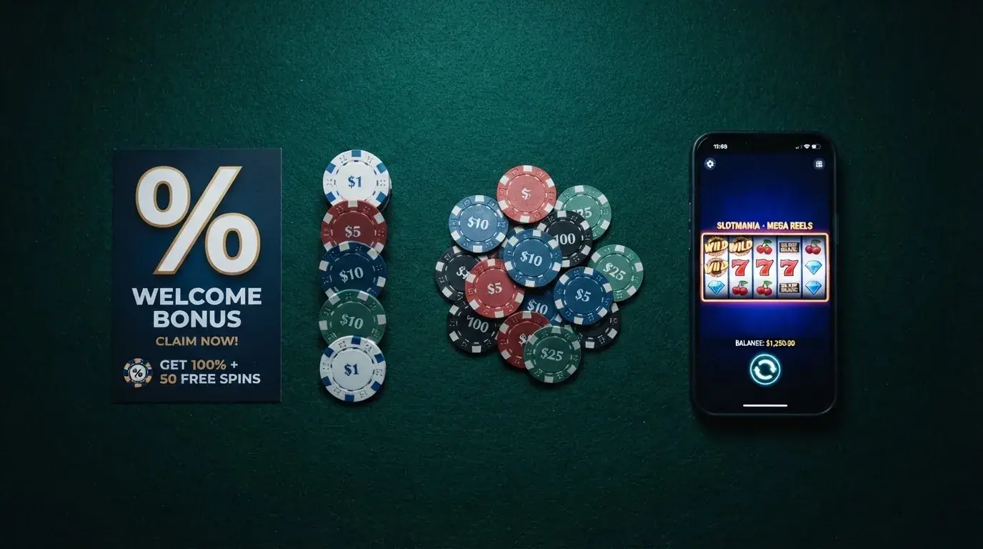 Srovnání různých typů casino bonusů — uvítací balíček, free spiny a bonus bez vkladu položené vedle sebe