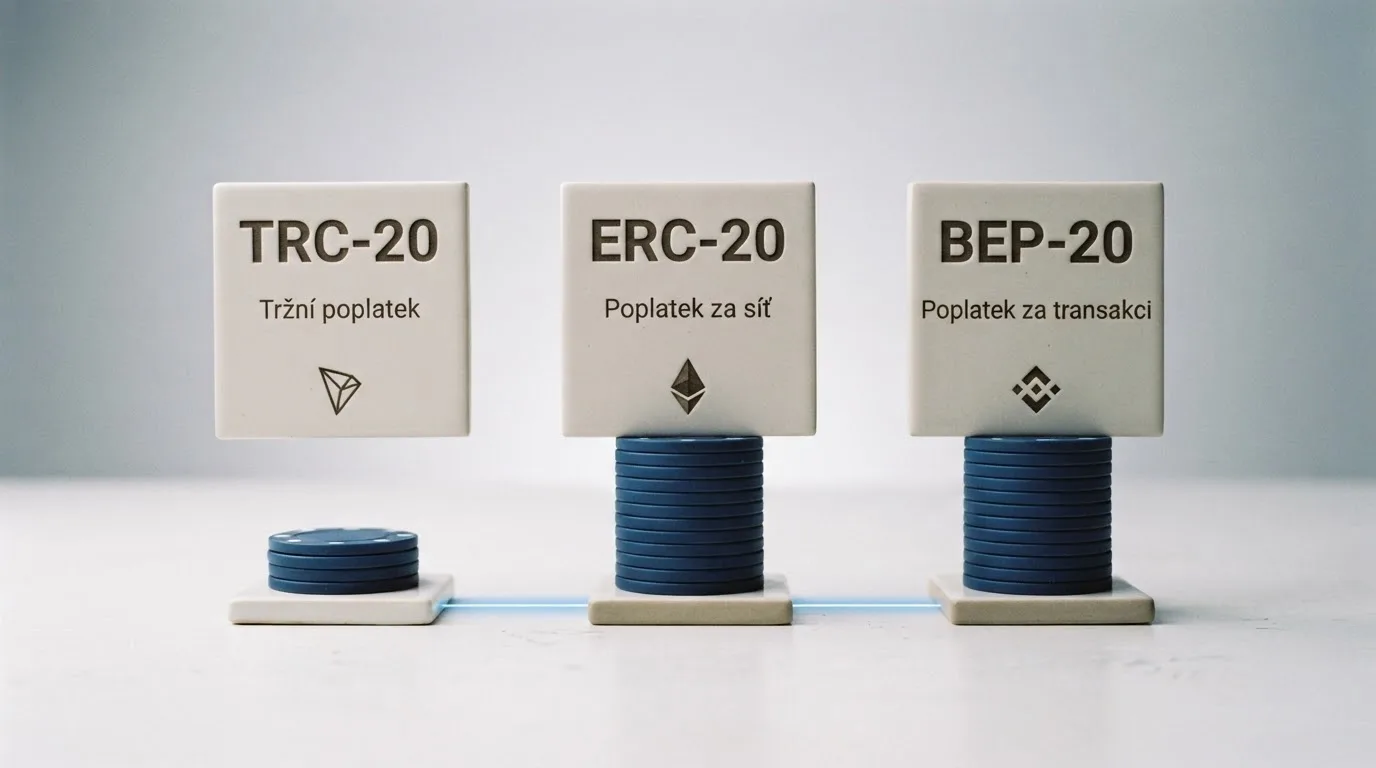 Tři blockchainové sítě pro převod USDT zobrazené vedle sebe — TRC-20, ERC-20 a BEP-20 — s vyznačenými poplatky a časy potvrzení
