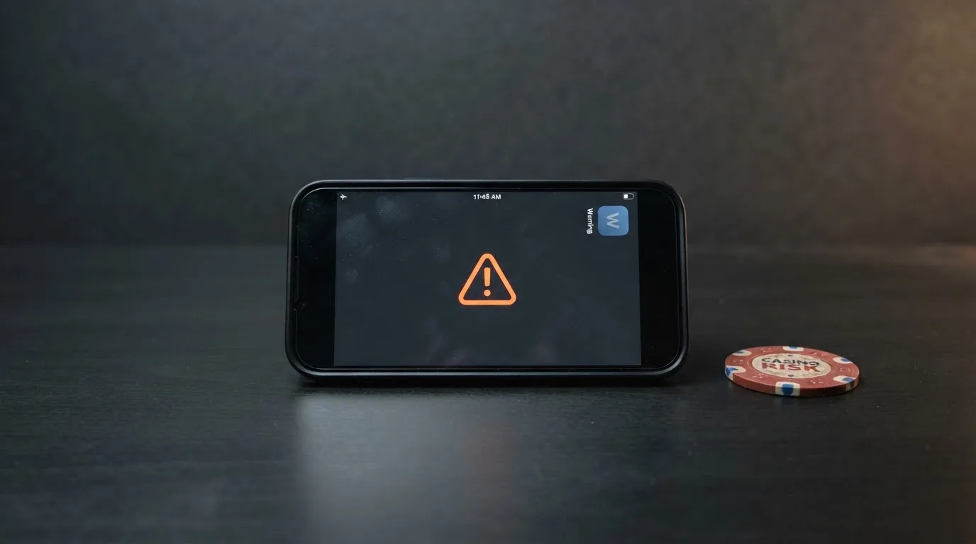 Výstražný trojúhelník na displeji telefonu vedle ikony neznámé casino aplikace stažené mimo Google Play