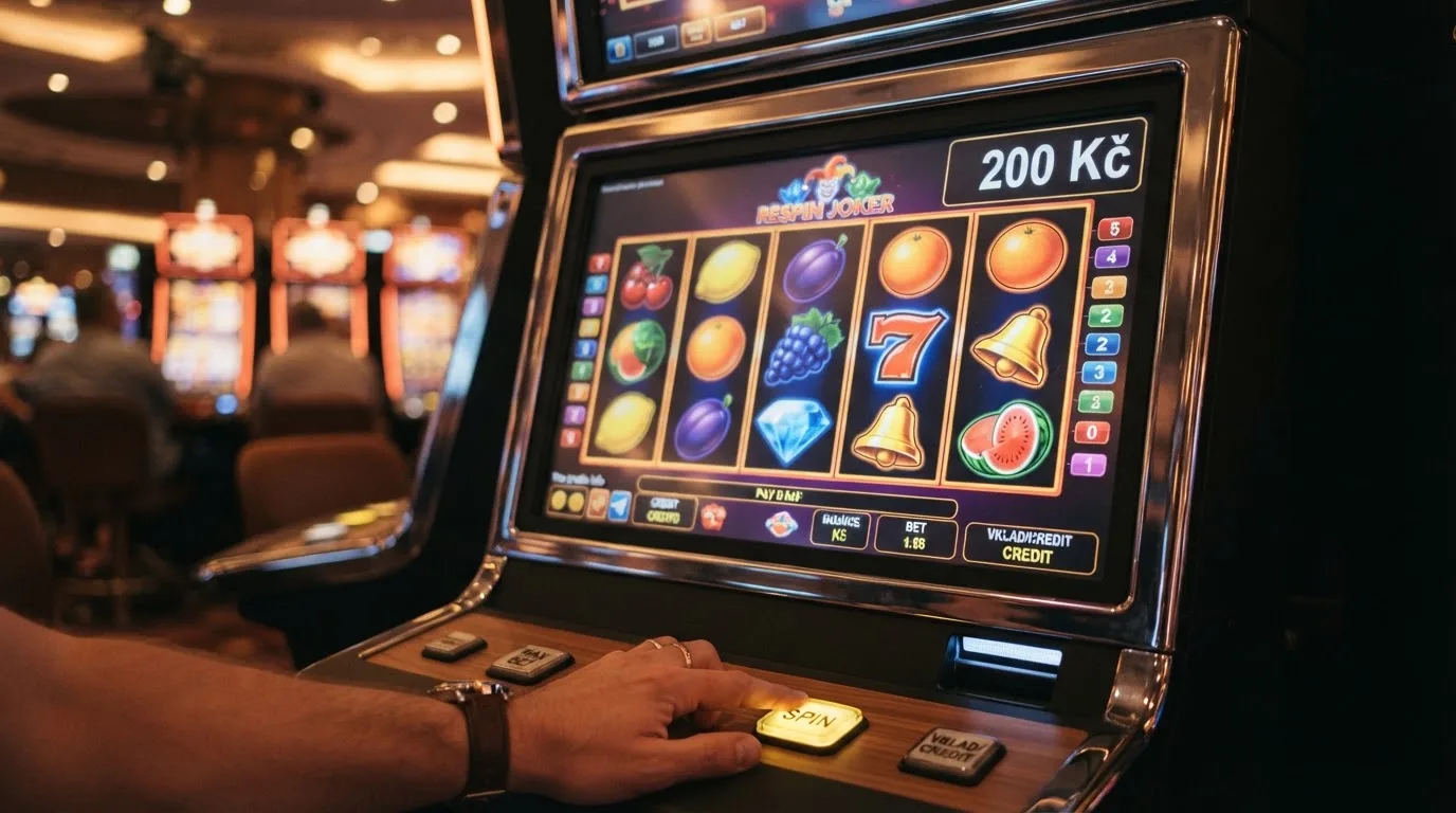 Výherní automat s nízkou minimální sázkou na obrazovce, v rohu viditelný zůstatek 200 Kč