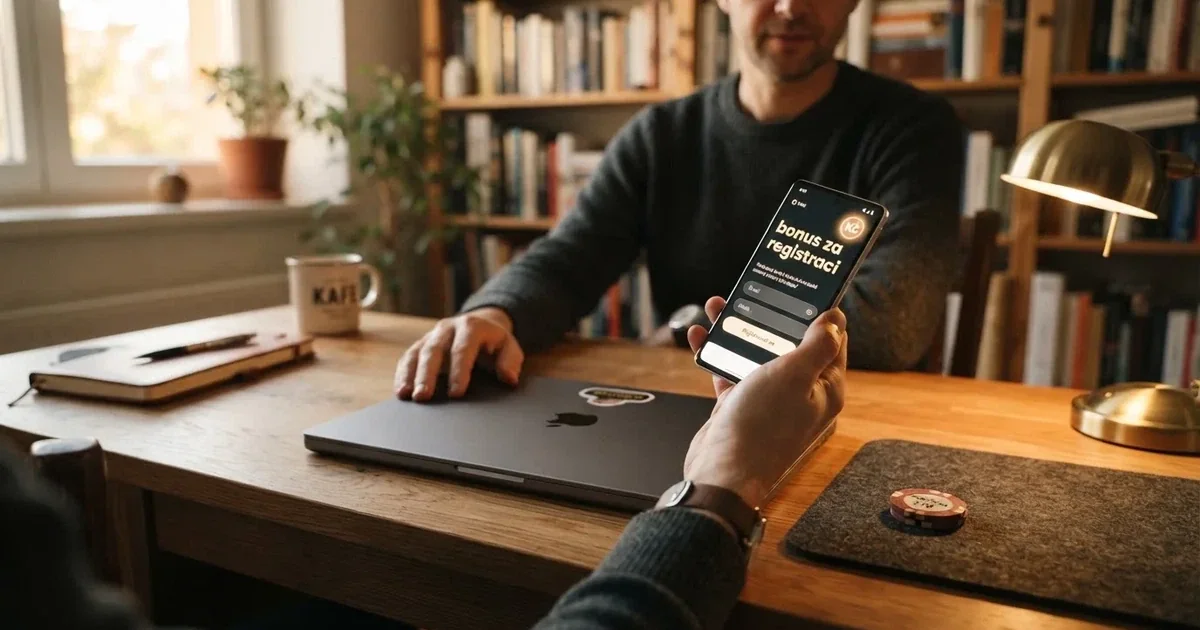 Hráč u notebooku s mobilem v ruce, na obrazovce registrační formulář online casina s nápisem „bonus za registraci“, vedle symboly volných zatočení a české koruny